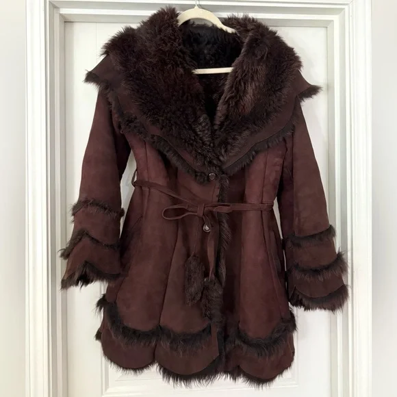RARE Vintage Suede Shearling HEAVY COAT super warm made in USA Fit & Flare sz L - Picture 3 of 17